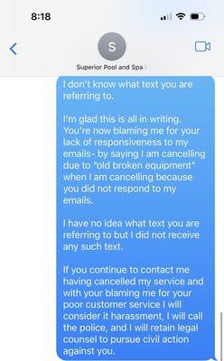 My reply asking Blaine to stop messaging/harassing me- and he continued to message me.