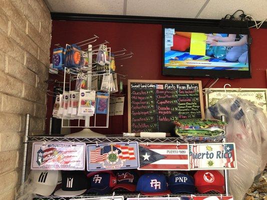 Desert menu and an assortment of Puerto Rican gifts.