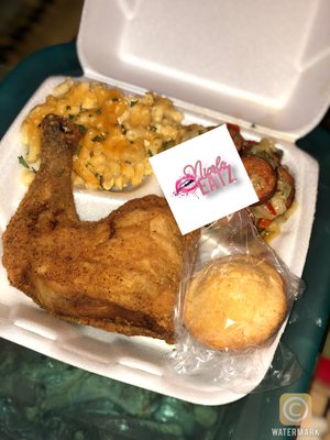 Fried leg quarter, macaroni & cheese, cabbage(with my special touch), & a muffin.