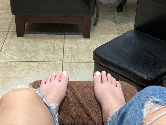 standard pedi, snowflake gel polish.