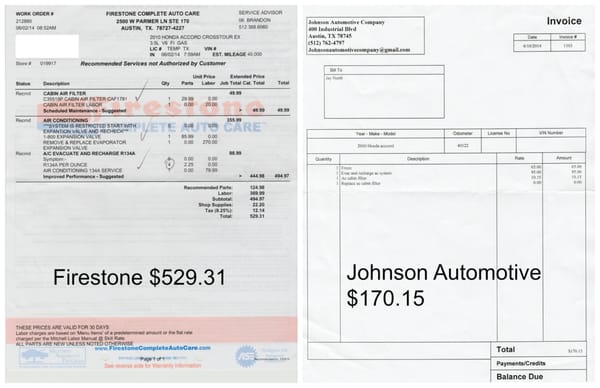 Comparing A/C work estimate from Firestone and price charged at Johnson Automotive.