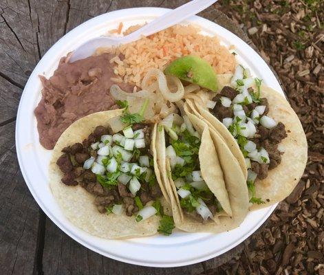 Asada tacos, rice & beans