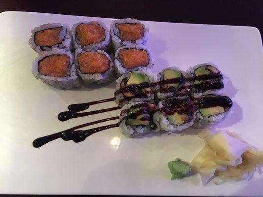 Spicy salmon and eel avocado roll