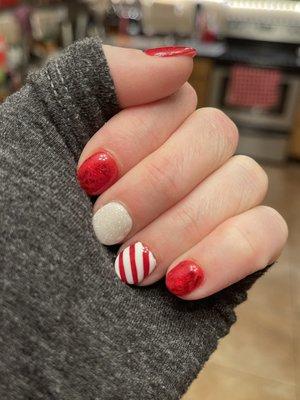 Candy cane nails!! Thank you Helen!! Dip, hand painted white stripes, red foil for that bling!