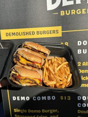 DOUBLE DEMO BURGERS WITH SEASONED FRIES