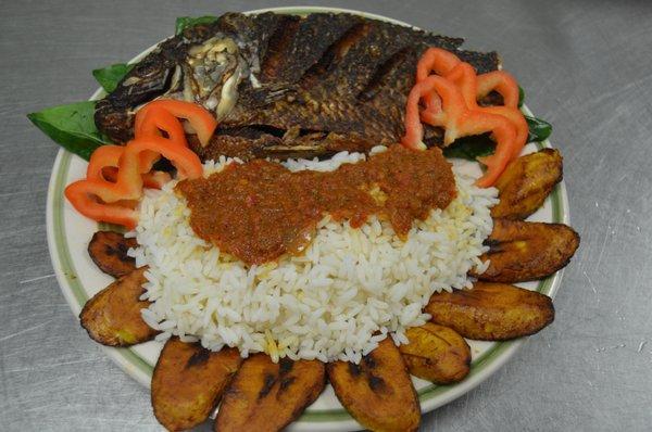 Rice & Stew w/ Fried Whole Tilapia & Plantain