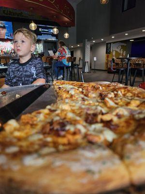 Buffalo Chicken Pizza.  The crust is awesome..lots of toppings.  Meals are brought to you by a robot..kids got a kick out of it.