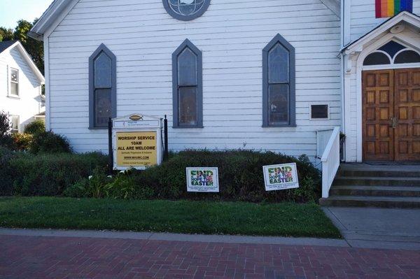 Rainbow Jesus fish! Sign says "all welcome"; "spiritually progressive and inclusive"