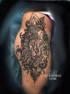 lion and henna pattern tattoo by liz manzolini