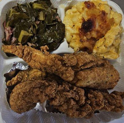 Fried Whiting w/ Macaroni & Cheese and Collard Greens.  Absolutely Delicious!