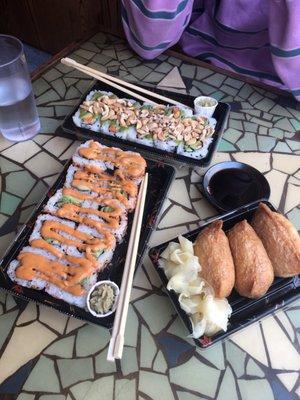 Cashew Roll (basil tahini sauce, vegan) Spicy Veggie Roll (mango tahini sauce, vegan) Iniri (sweet tofu stuffed with white rice, vegan)