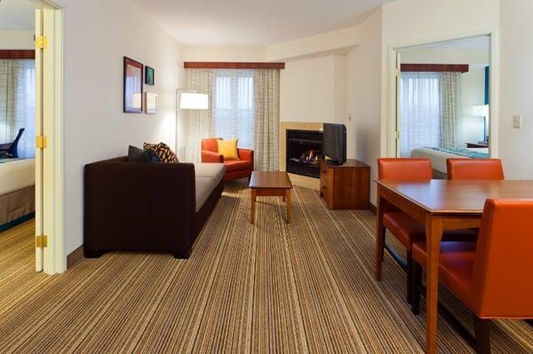 The two-bedroom suite at the Residence Inn Carmel is the perfect place to stay and offers a cozy fireplace.