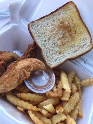 Chicken Tender Meal- chicken tenders, sauce, fries, toast, and it came with a drink too.