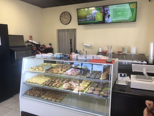 Donut display and menu board.