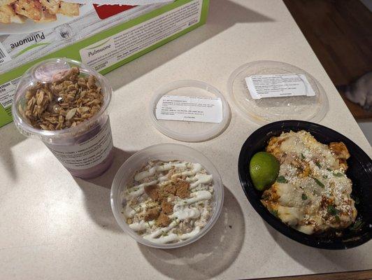 Blueberry yogurt with vanilla granola and key lime pie overnight oats and street corn chicken enchilada skillet