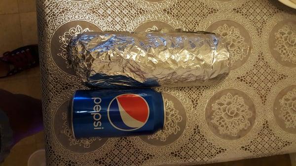 Super burrito..Using a 12oz Pepsi can to compare the size and only $5.