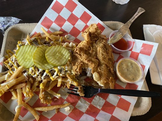 Fried catfish, loaded Cuban Fries (half-eaten before remembering to take a photo! )