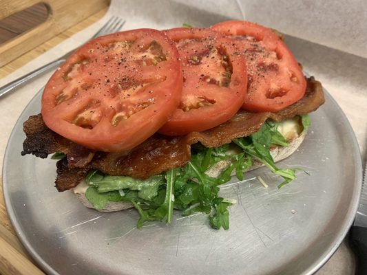 B.L.T. Toast on Sour Dough Bread with Mayo, bacon, house arugula salad, Jersey Tomato