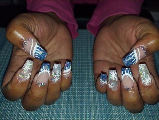 Acrylic nails, Christmas nail art design, rhinestones