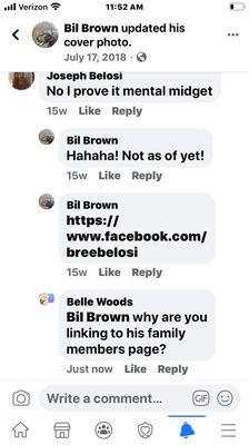 Bil Brown, your member posts the link to the other user's wife's social media account as a threat of violence.