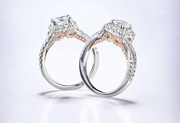 White and rose gold engagement rings from Bookman & Son bridal collection