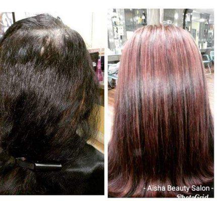 Before & after. 5 years of black box color. Now beautiful cherry hilites, By Beverly Cline