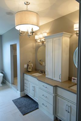 Shitake quartz looks beautiful in this master bath.