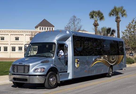 Another shot of Star Shuttle's luxury charter bus, in front of the Pearl Stable at the Pearl Brewery.  Luxurious transportation, top ranked.