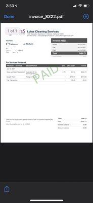 Paid invoice for cleaning