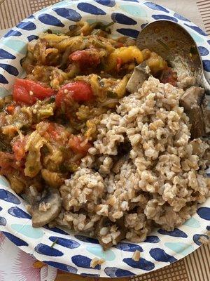 Grilled eggplant with roasted bell peppers; Ajar with mushroom