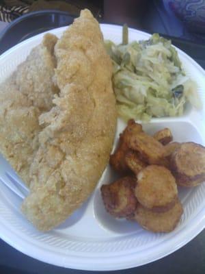 Whiting Fish dinner 2 sides.. Fried squash & Cabbage.