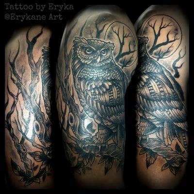 Black and grey owl piece by Eryka Jensen.