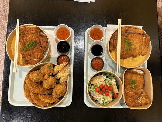 -Chicken curry katsu with an extra side of chicken  -Shrimp & vegetable tempura (pumpkin & broccoli) -shrimp gyoza