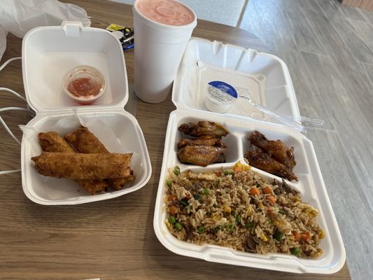 Combo fried rice chicken beef shrimp teriyaki wings and egg roles