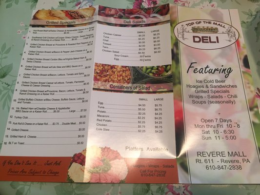 Menu Part 1. Grilled specials, Deli Salads and container of salads.