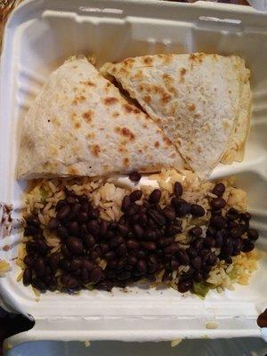 Chicken quesadilla with rice and beans