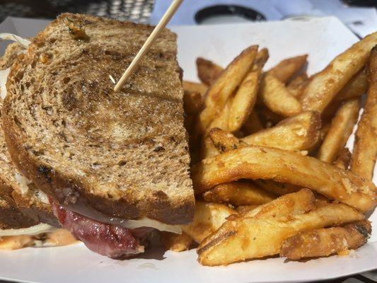 Reuben sandwich, garlic Parmesan fries