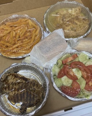 penne alla vodka, chicken francese, grilled chicken, salad, delicious bread