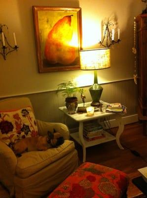 Painted table (120.00) and  mid century lamp (19.99) blend beautifully with my slipcovered chair and pear painting.