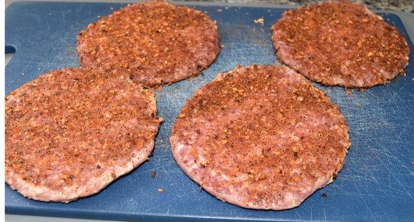 Pork burgers seasoned with a little Weber's "Gourmet Burger" seasoning.