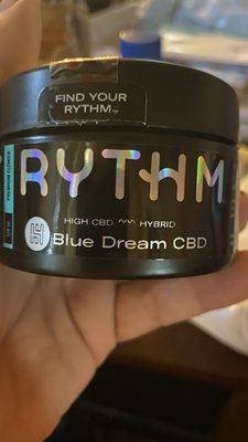 Rythm CBD strong with like %9 thc. Great relaxation and anti-anxiety relief my only complaint is that within an hour it totally wears off.