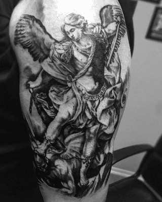 Black and Grey Realism St. Michael Tattoo