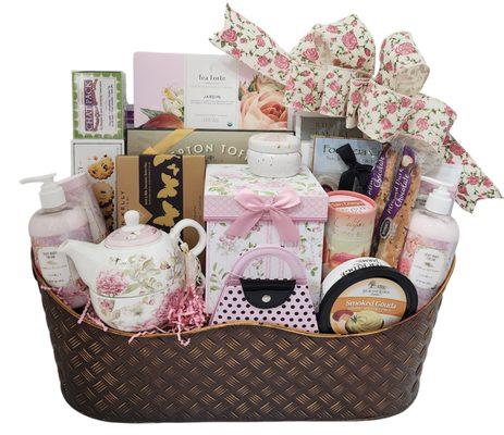 Elegant spa, chocolate, charcuterie and tea basket.