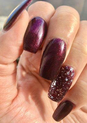 Burgundy coffin shaped nails done by Amy @ Nano's hair and day spa.