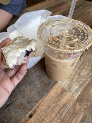 Honey lavender iced coffee & blueberry bagel.