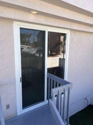 White vinyl retro fit sliding glass door sale and installation b y Cali Glass and windows.