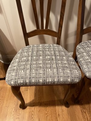 Here are my chairs Jack just finished. They are beautiful.  I didn't realize there is a repeating pattern in the fabric, but Jack did!