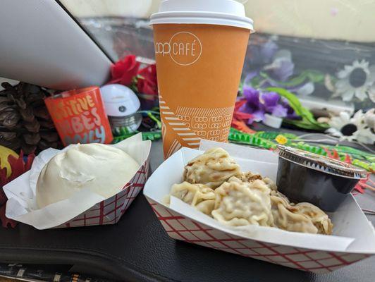 Siopao to the left, & Food on the right - Siomai Dimsum  Coffee in the middle?