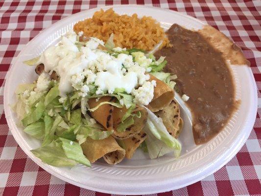 Flautas with chicken, rice -n- beans