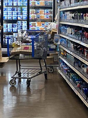 Every aisle full of buggies with stuff to restock. Constantly climbing over things to get to merchandise. Staff standing around